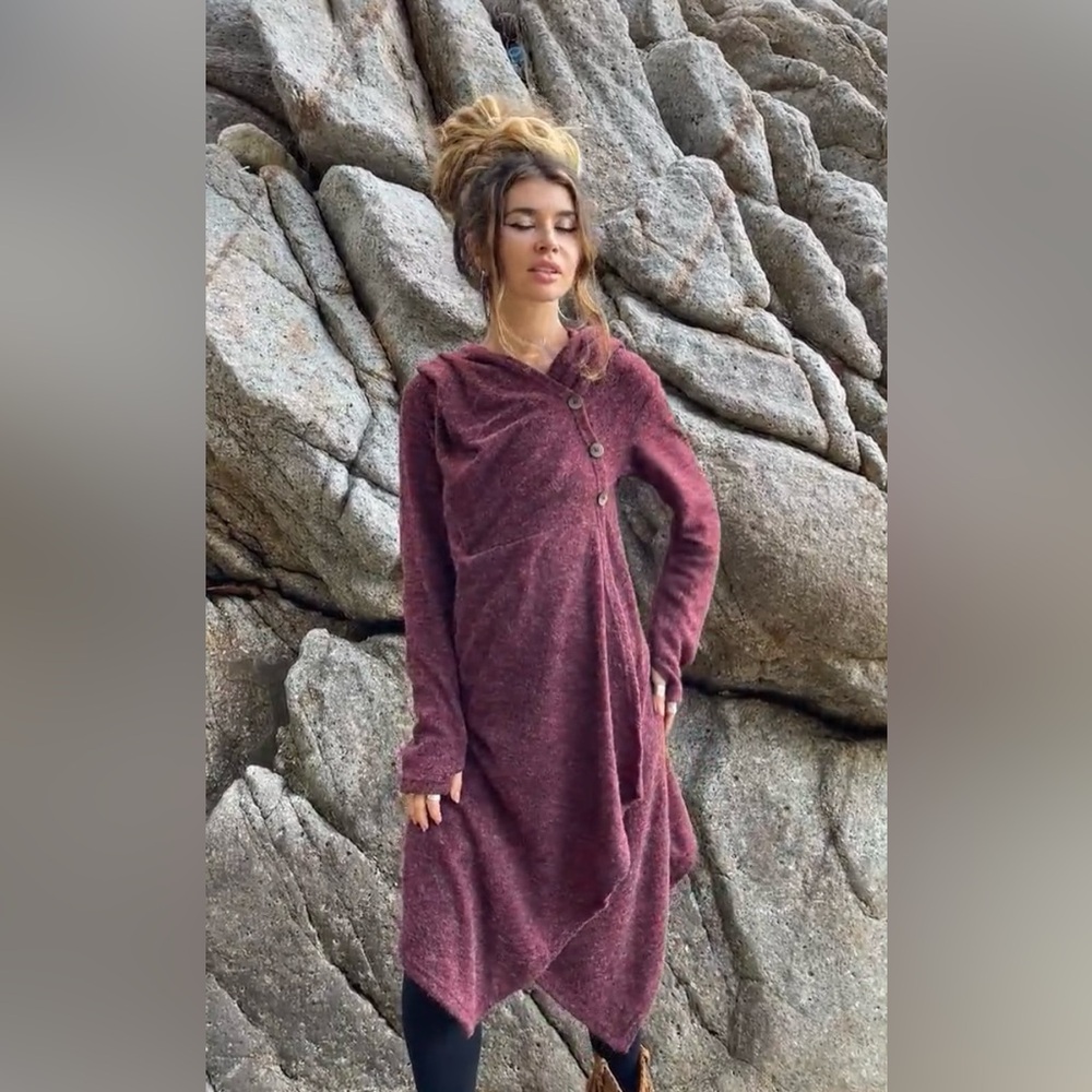 Stylish Burgundy Asymmetrical Sweater coat bohemian small - medium